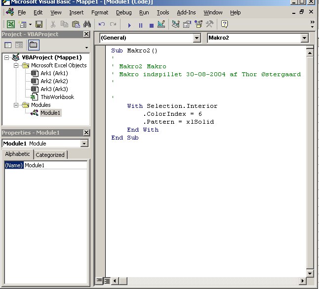 Excel VBA kursus - VBA editoren (VBE) viser VBA kode - fjernundervisning